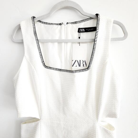 Zara White Tweed Cut Out Mini Dress with Contrast Stitching Cotton Blend Large - Picture 6 of 9